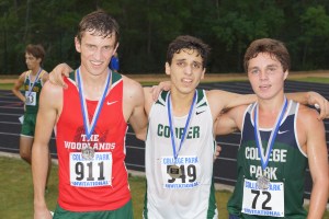 From left to right: The Woodlands’ Logan Emery, Cooper’s Pedro Nasta and College Park’s Connor Meaux finished third, first and second, respectively, at the College Park Invitational on Saturday.
