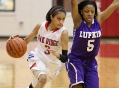 Macie Chapa pushes the ball past a Lufkin defender in a 48-41 loss at home Tuesday. Photos by Glenn Sattell