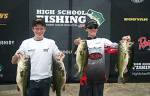 Will Brady (left) and Joe Beebee, freshmen at The Woodlands College Park, hold the state-tournament winning fish that weighed 32 pounds, which set a national record for a high school event. 