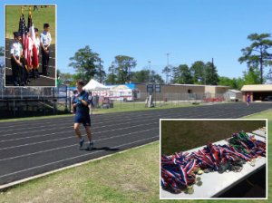 Justin Dubose of The Woodlands Sr High, wins the first ever gold medal in The Woodlands Kiwanis Club's 31-year Special Olympics for the 3000-meter run.
