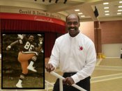 Pictured: Gerald D. Irons, Sr. at Irons Junior High School. Inset: The former NFL linebacker for the Cleveland Browns poses in his uniform. Photos courtesy of Gerald D. Irons, Sr.
