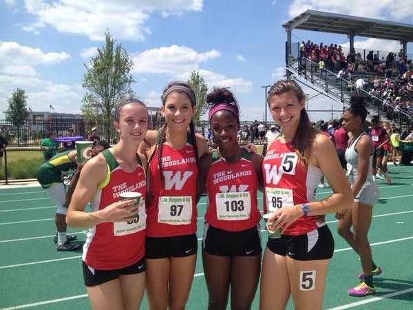 The Woodlands quartet of (from left) Ellyana Long, Alyssa Gillespie, Charity Thomas and Kendall Curzan won the girls 4x400-meter relay Saturday in Waco.