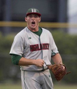 The Woodlands pitcher Chris Andritsos celebrates after retiring three straight Klein batters in the second inning of a bi-district playoff game last Thursday. The Highlanders will play Austin Bowie in the area round starting Thursday at The John Cooper School. 
