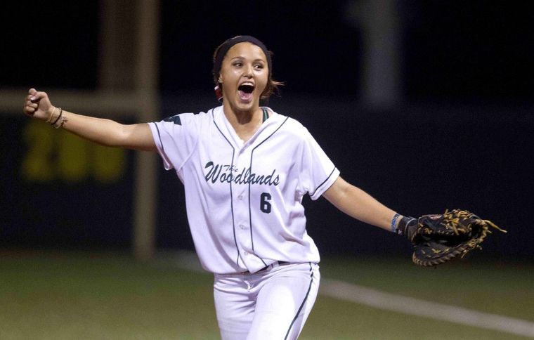 The Woodlands first baseman Shelby Dublin celebrates after the final strikeout of the game pitcher Emily Langkamp in the seventh inning of a Region II-6A regional semifinal series in Mumford Friday. The Woodlands defeated Belton 3-2 in Game 1.