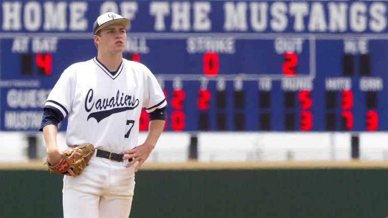 College Park’s Parker Hudson reacts after walking in his second run of the seventh inning during a regional quarterfinal game in Mumford Saturday. Lake Travis defeated College Park 6-3.