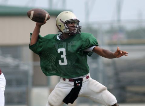 Summer Creek junior quarterback Zach Walker looks for a receiver during a team scrimmage