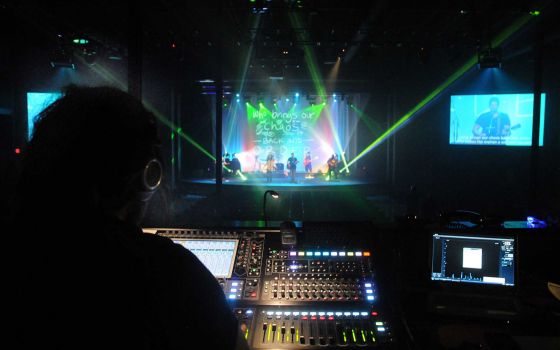 Nick Evans, audio specialist, operates the sound board during a service in the Loft campus worship center at The Woodlands United Methodist Church, 2200 Lake Woodlands Drive. The Loft has recently completed renovations and held dedication ceremonies for the enlarged facilities.