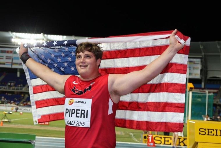 The Woodlands High School track and field star Adrian Piperi celebrates his victory in the IAAF World Youth Championships on Wednesday night in Coli, Colombia. Piperi, who is entering his junior year at The Woodlands High School, got off a winning throw of 22 meters (72 feet, 2 1/4 inches) on his second throw of the finals. He competes in the discus on Friday.