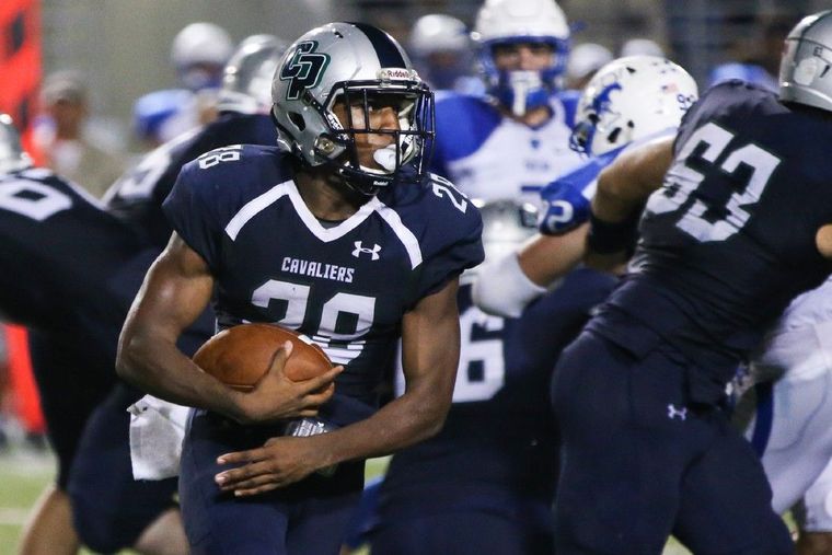 College Park's A.J. Sanders (28) runs the ball during the high school football game against Katy Taylor on Friday, Sept. 11, 2015, at Woodforest Stadium.