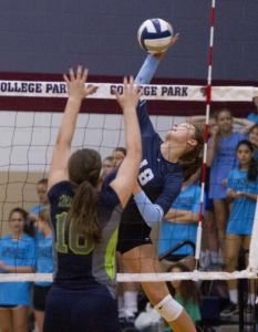 Kingwood's Effie Zielinski goes up for a shot against College Park's Hannah Erwin during a volleyball game Tuesday. College Park defeated Kingwood in straight sets. 