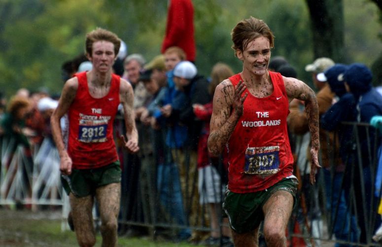 The Woodlands senior Daniel Golden, right, and junior teammate Noah Wells push to the finish line for their 1st and 2nd place finishes in the Boys Conference 6A race at the 2015 UIL Texas State Cross Country Championships at Old Settlers Park in Round Rock on Saturday, Nov. 7, 2015. 