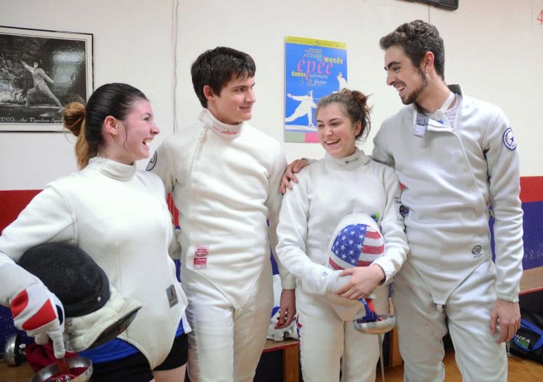 Jessica Thow, Oak Ridge High School sophomore, William Smith, A The Woodlands High School freshman, Barbara VanBenthuysen, a The Woodlands High School senior, and Wolfe Crouse, A Willis High School sophomore, before a practice session at Alliance Fencing Academy, 27326 Robinson Road in Oak Ridge North. 